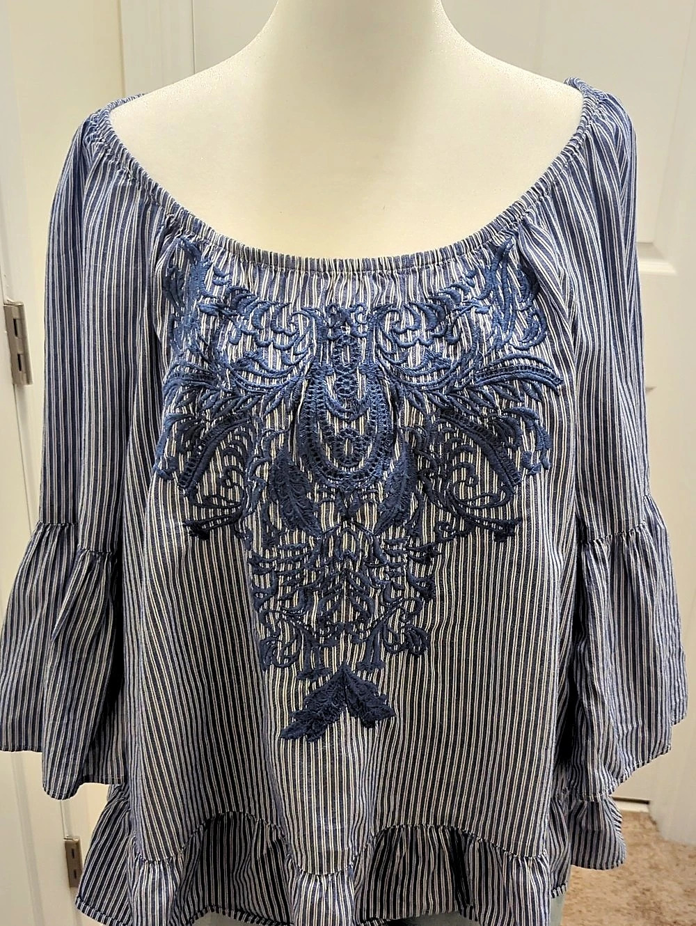INC Blue and White Striped Embroidered Bell Sleeve Blouse Blue & White Striped